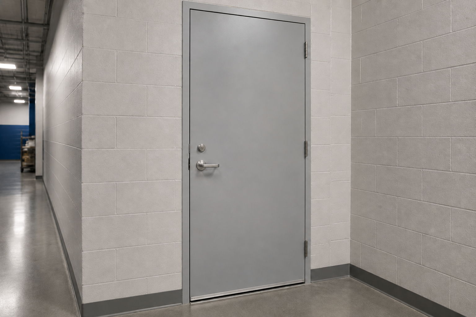 Porte d’acier coupe-feu installée dans un corridor commercial